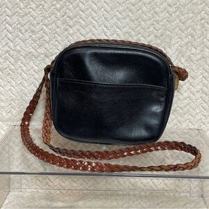 Vintage LJS Collection Small Black Crossbody Bag Brown Braided Strap 90s Classic